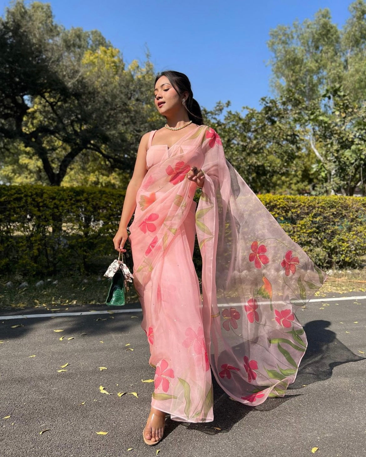 Hibiscus with Birds Saree