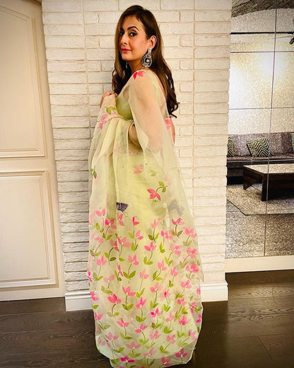 Bougainvillea with Butterflies Organza Saree