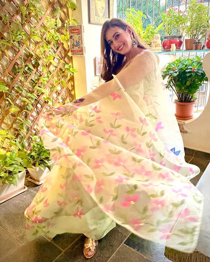 Bougainvillea with Butterflies Organza Saree