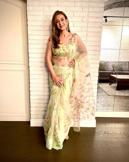 Bougainvillea with Butterflies Organza Saree