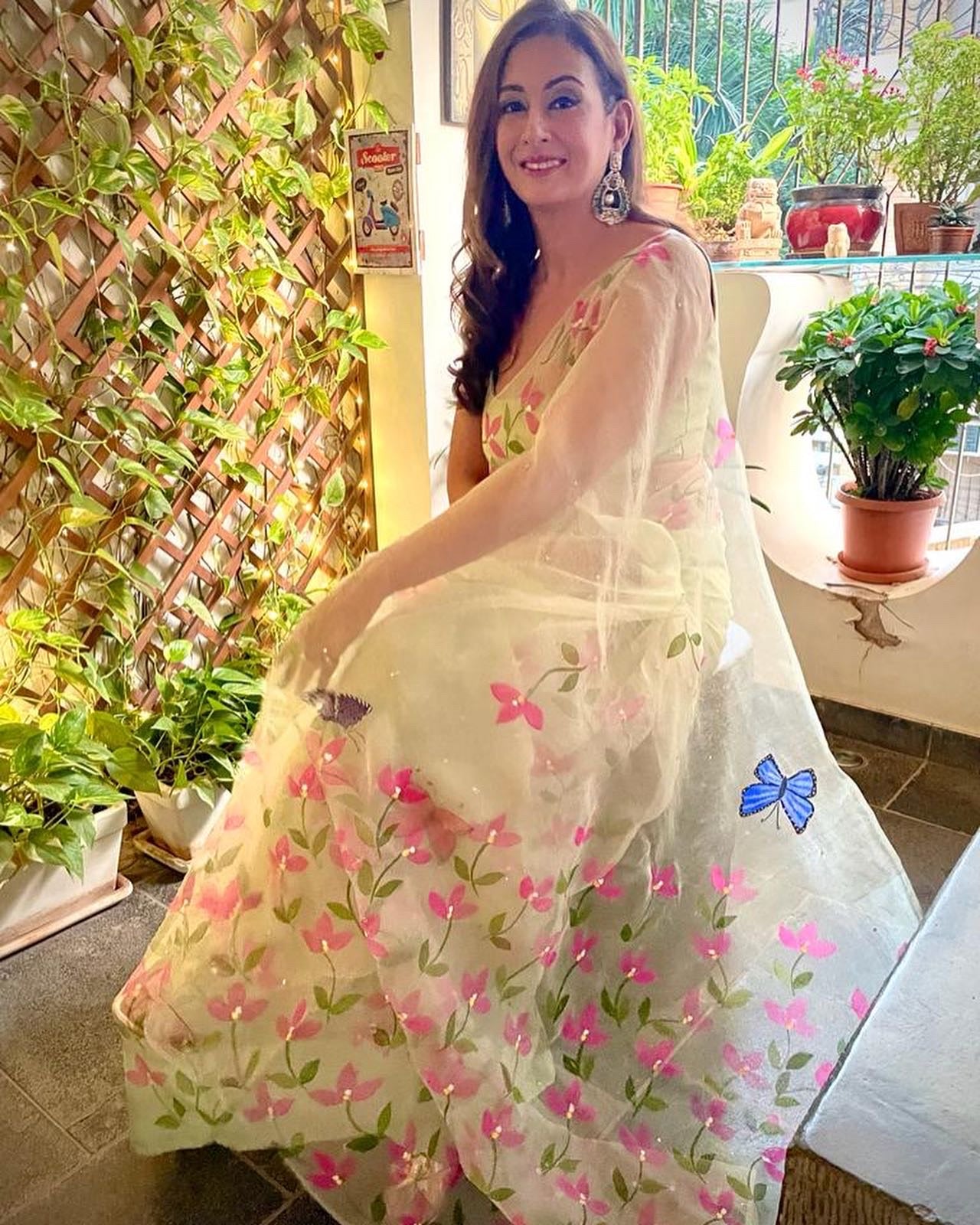 Bougainvillea with Butterflies Organza Saree