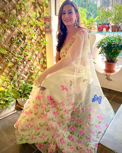 Bougainvillea with Butterflies Organza Saree