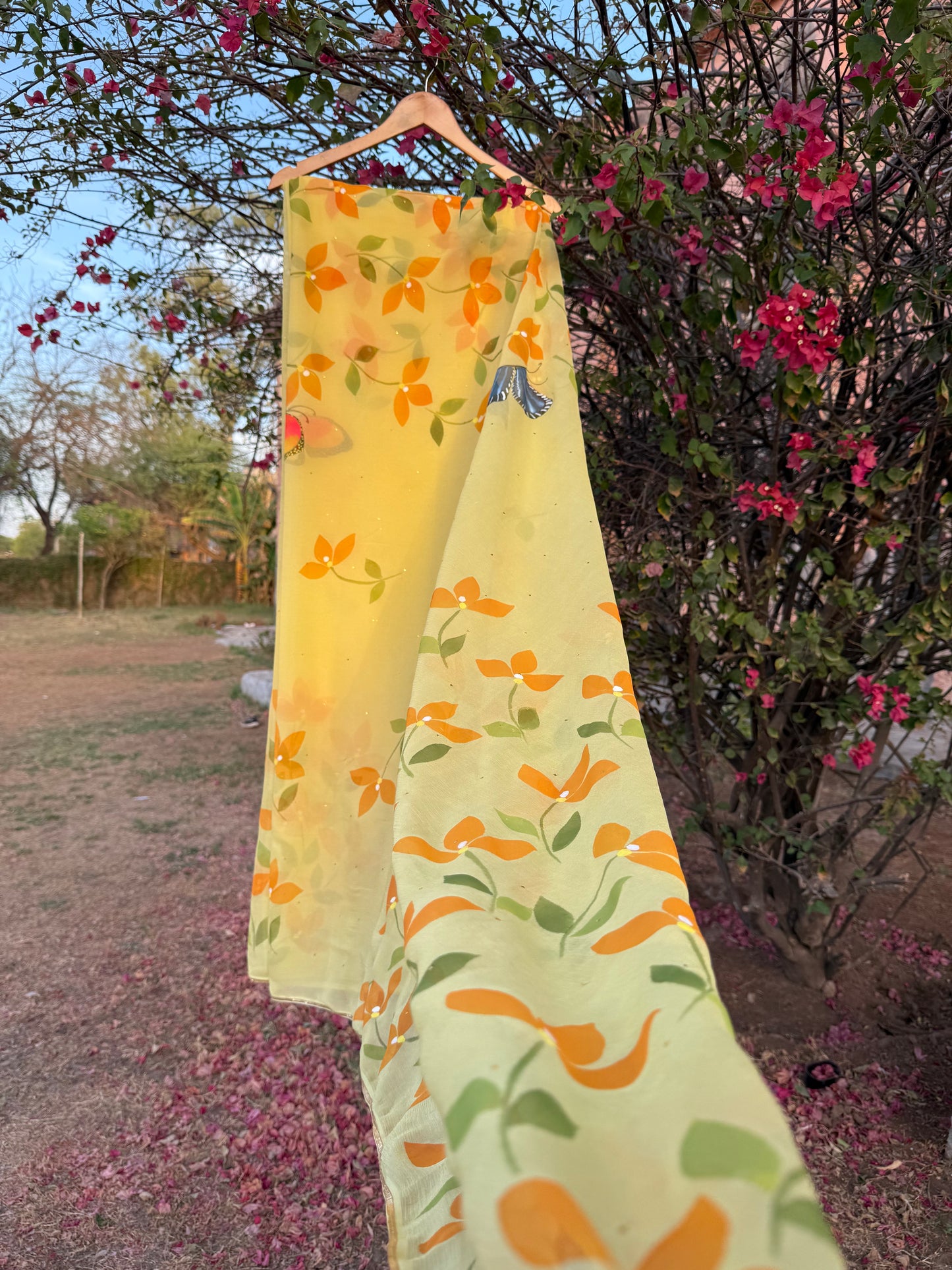 Bougainvilleas with butterflies Chiffon Saree