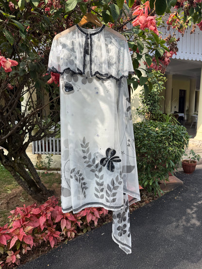 Black & White Multi Floral Organza Saree