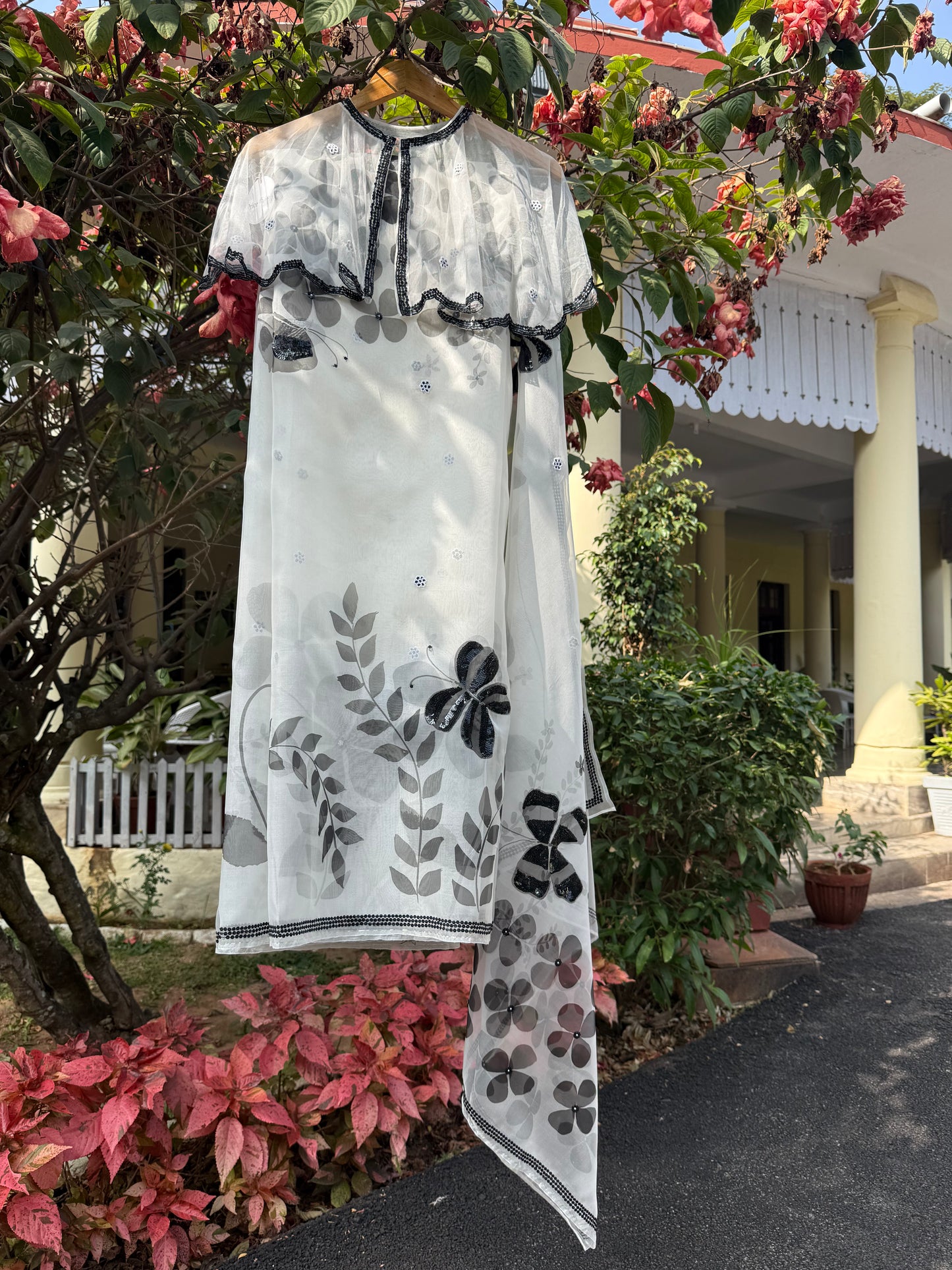 Black & White Multi Floral Organza Saree
