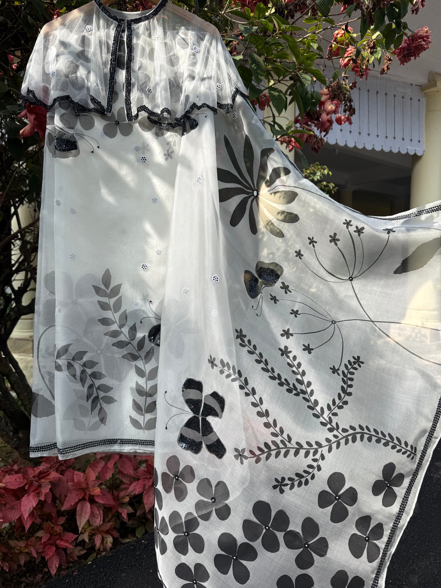 Black & White Multi Floral Organza Saree