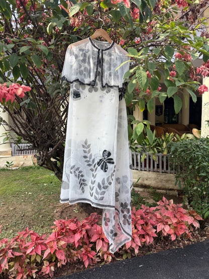 Black & White Multi Floral Organza Saree