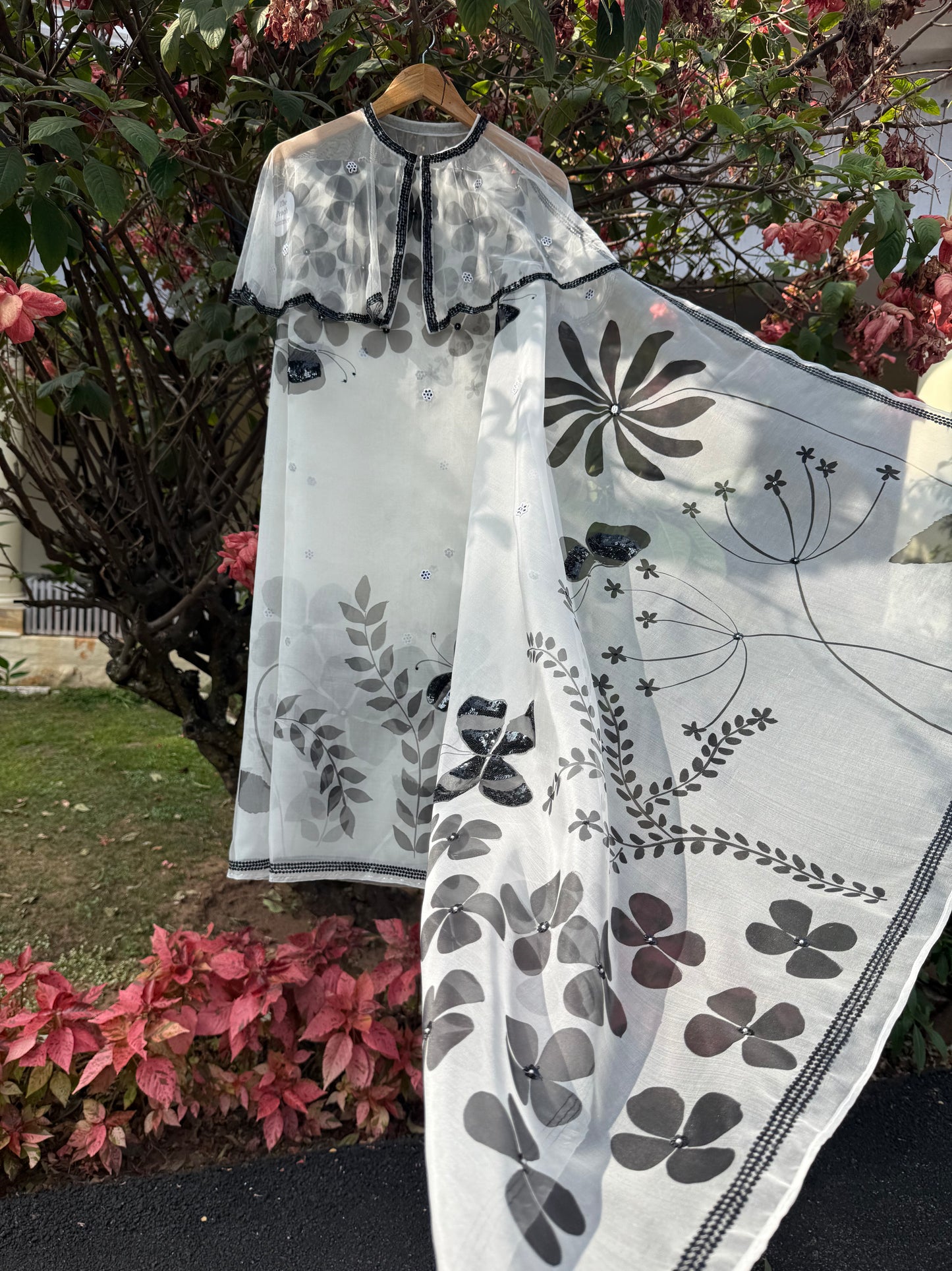 Black & White Multi Floral Organza Saree