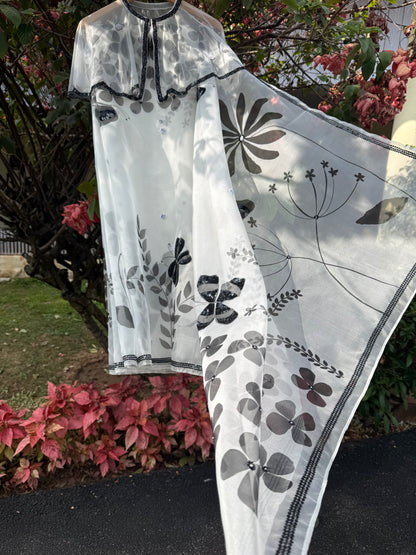 Black & White Multi Floral Organza Saree