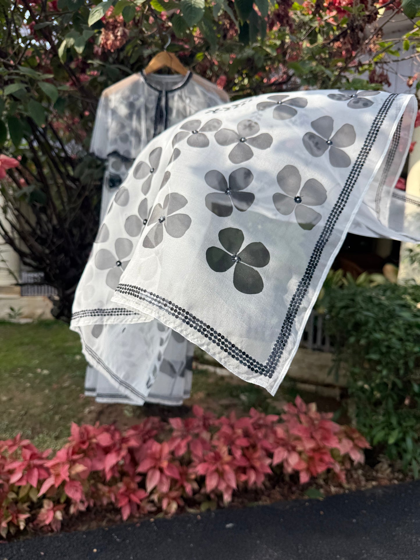 Black & White Multi Floral Organza Saree