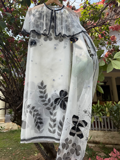 Black & White Multi Floral Organza Saree