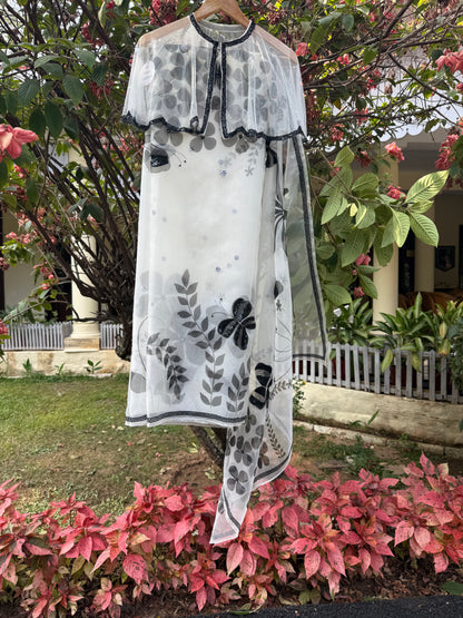 Black & White Multi Floral Organza Saree