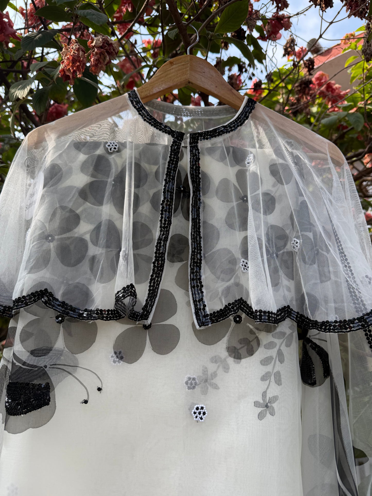 Black & White Multi Floral Organza Saree