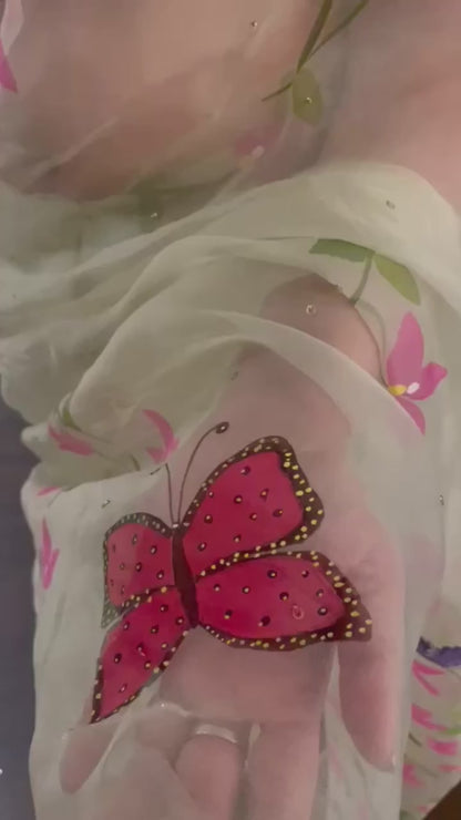 Bougainvillea with Butterflies Organza Saree