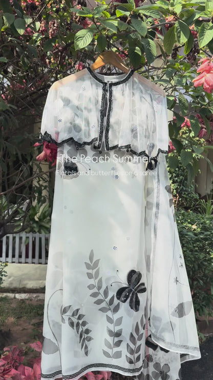 Black & White Multi Floral Organza Saree